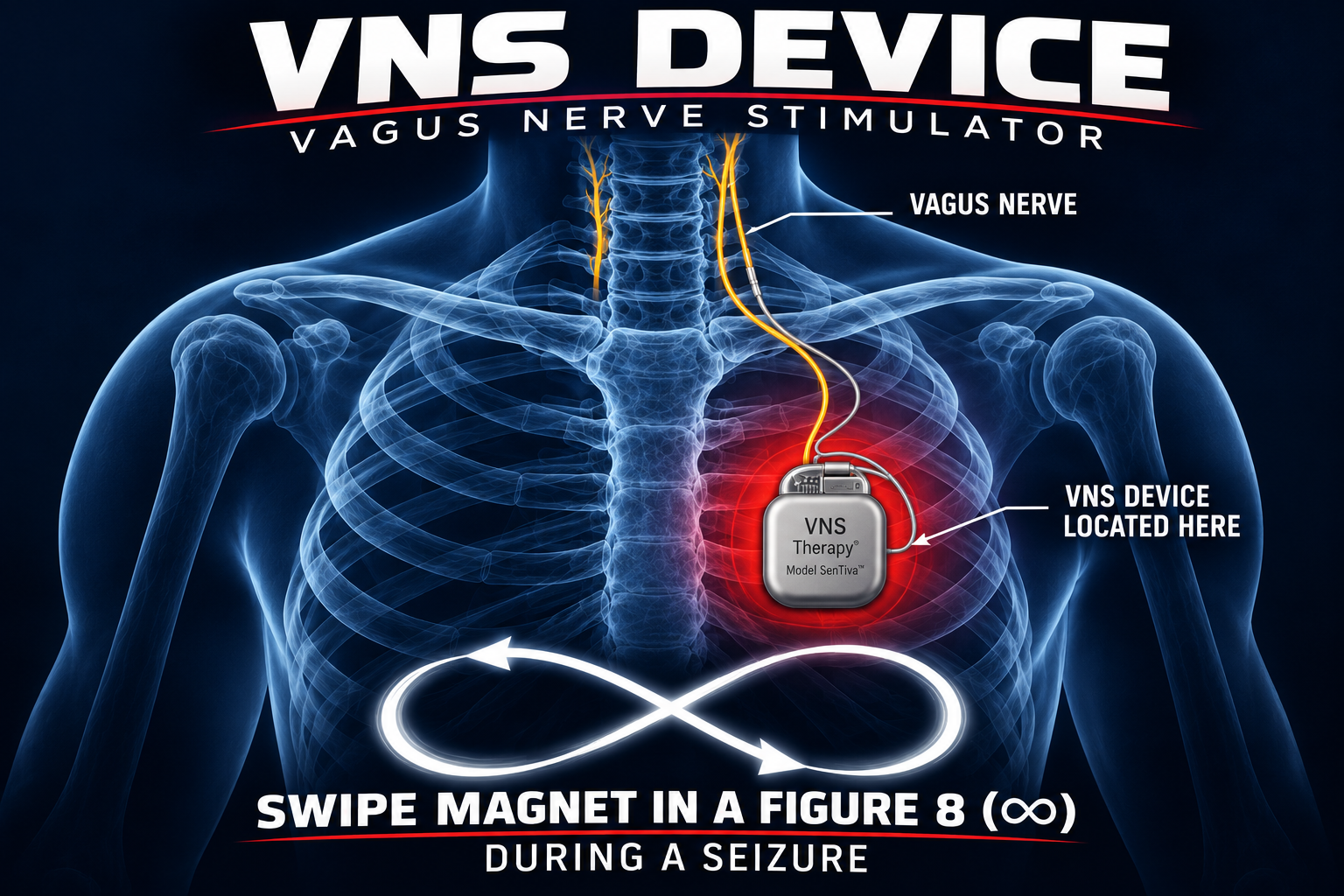 Illustration showing the VNS device location below the left collarbone, with instructions to swipe the magnet in a figure-8 motion during a seizure
